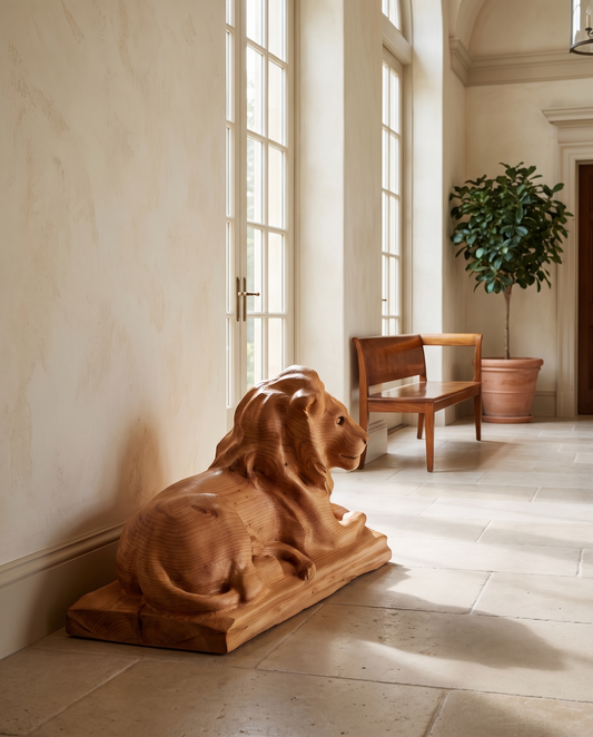 Cedar Lion Sculpture — styled interior view