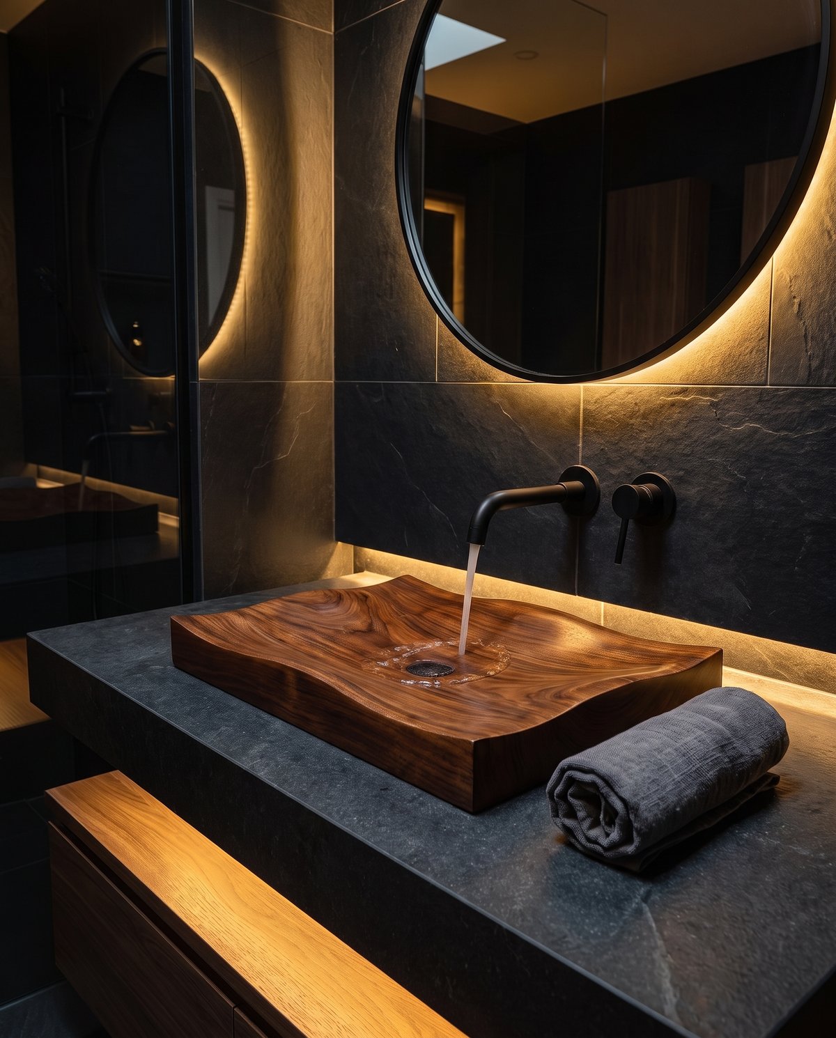 Plane Wood Vessel Sink — styled interior view
