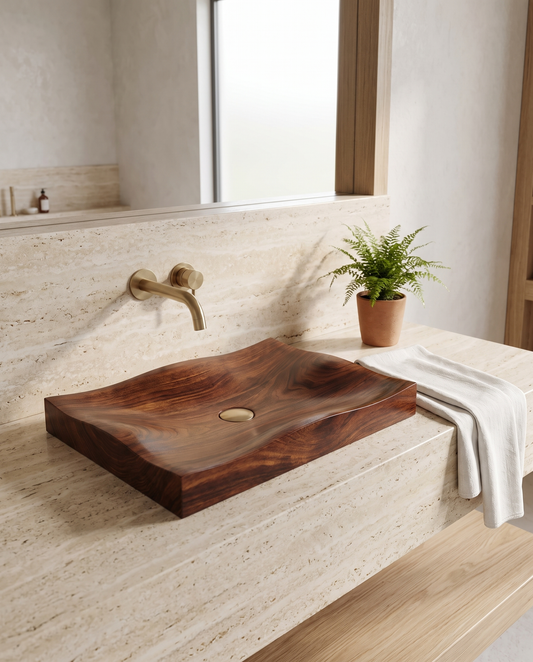 Plane Wood Vessel Sink — styled interior view