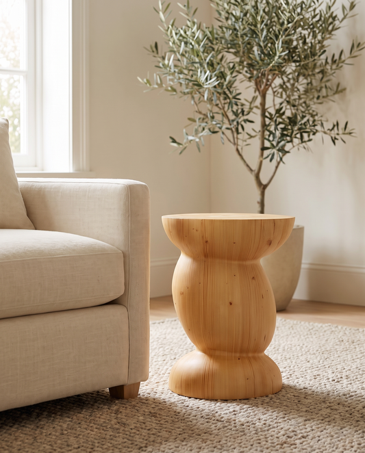Spruce Pedestal Side Table — styled interior view