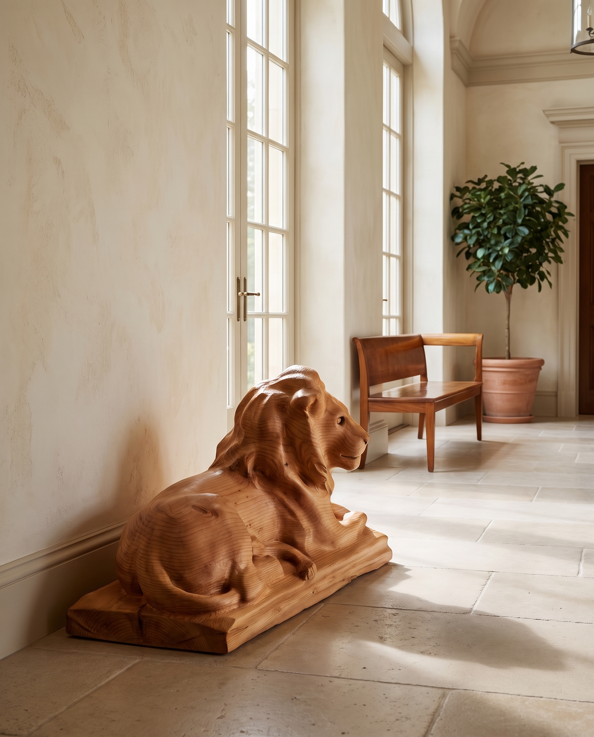 Cedar Lion Sculpture — styled interior view