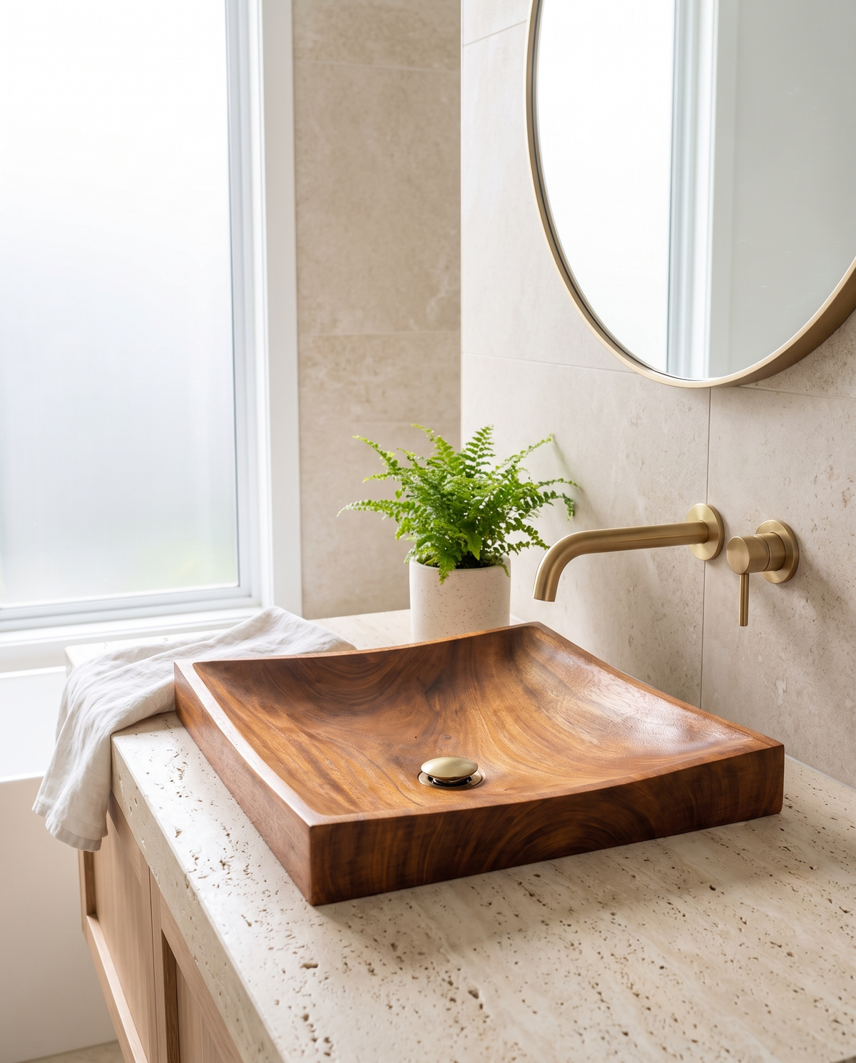 Square Plane Wood Sink — styled interior view
