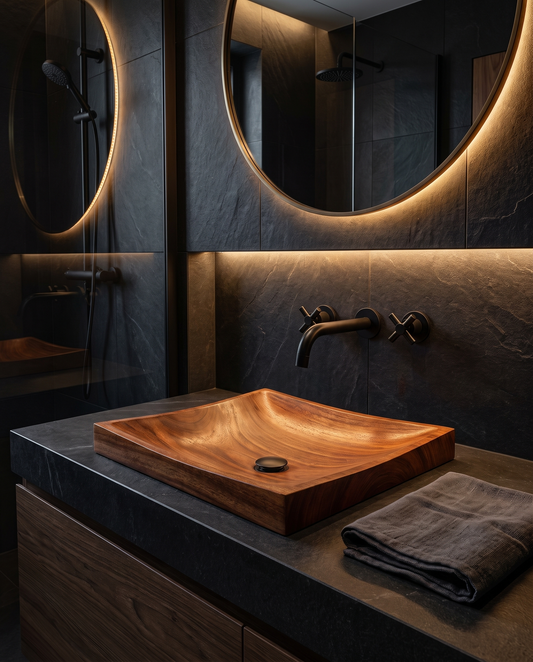 Square Plane Wood Sink — styled interior view